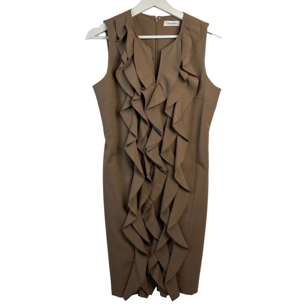 Calvin Klein 6 Dress Cascade Ruffle Sheath Brown Sleeveless Career Work Women’s